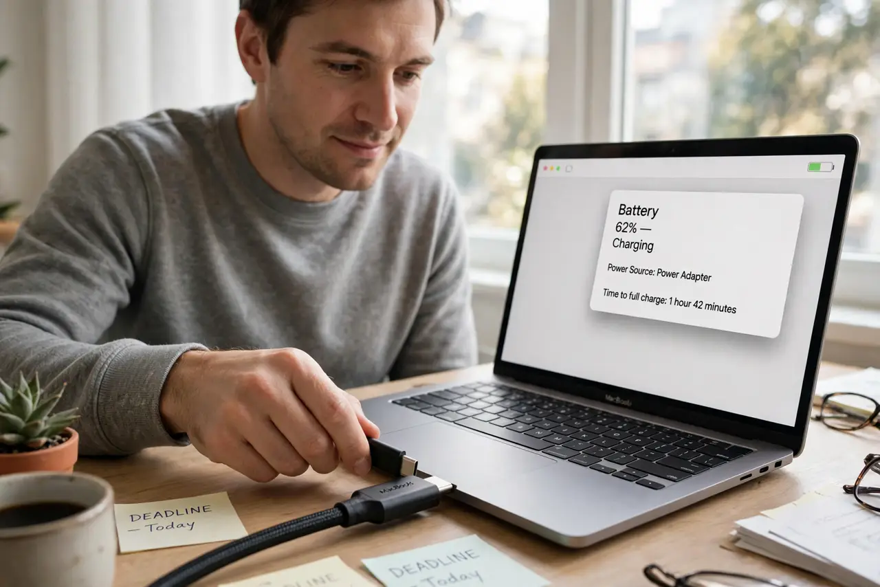 A person plugging a real USB-C cable into a MacBook showing the battery icon with legible charging status, the person's face hopeful, desk near a window with daylight.