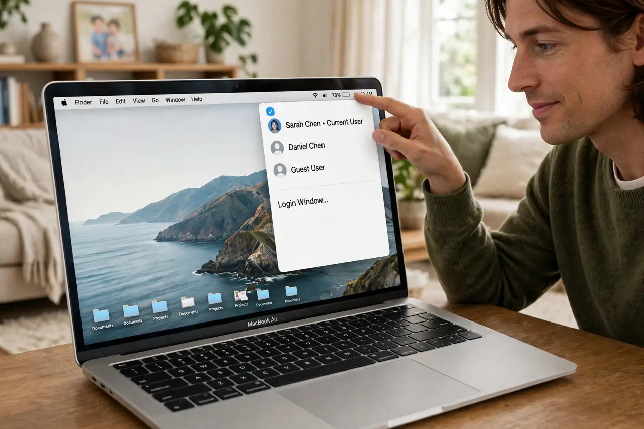 A person clicking the menu bar on a real MacBook showing the fast user switching account list with legible names, the person's face relaxed, family living room.