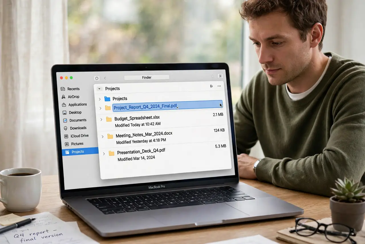a focused adult at a desk with a real Mac laptop open, Finder visible on the real screen with a file rename in progress complete and legible, the person renaming calmly.