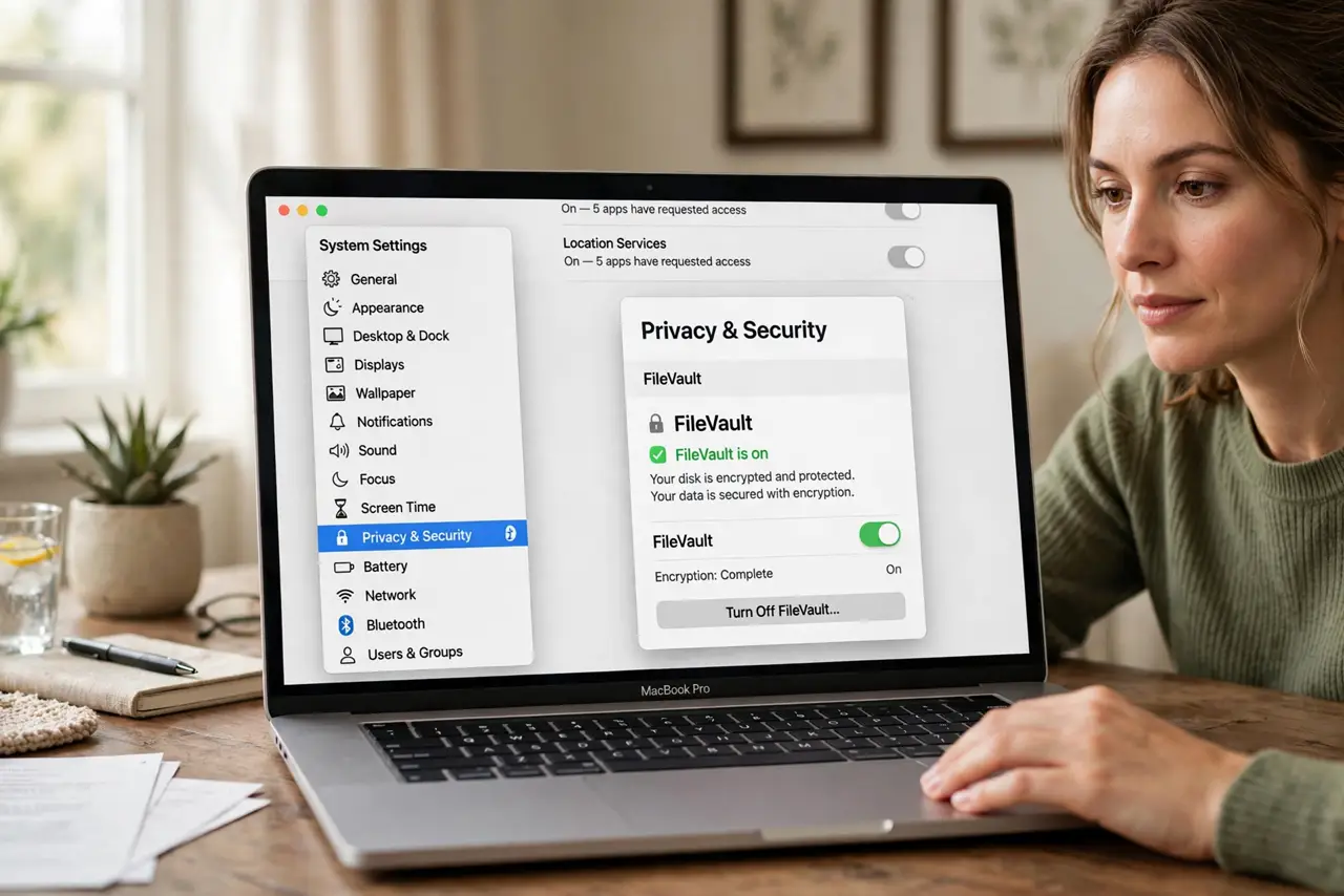 A person performing the first step: Open Privacy and Security settings. In System Settings, go to Privacy and Security.