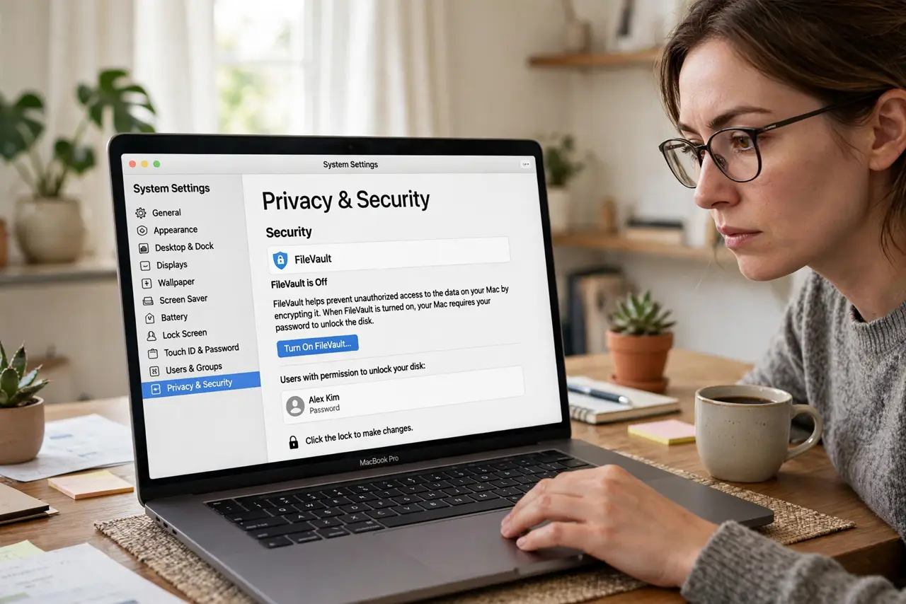 A person enabling a security setting on a MacBook, the screen showing Privacy and Security settings with FileVault