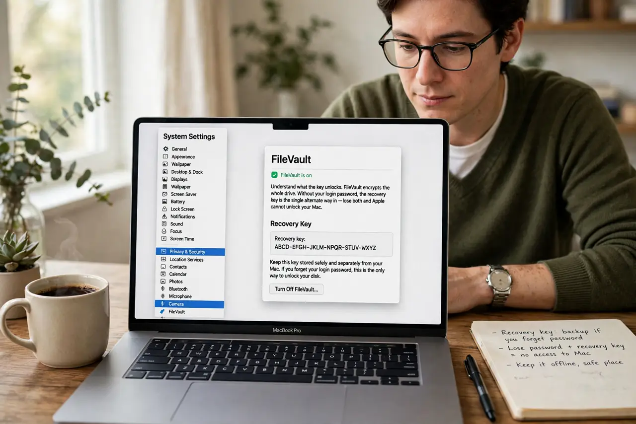 A person performing step 1: Understand what the key unlocks. FileVault encrypts the whole drive. Without your login password, the recovery.