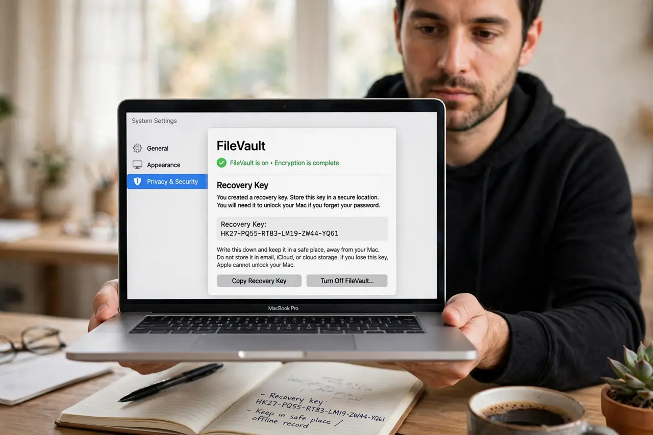 A person holding a real MacBook showing the FileVault settings screen with legible text, a notebook beside them for writing down the key, the person's face serious and.