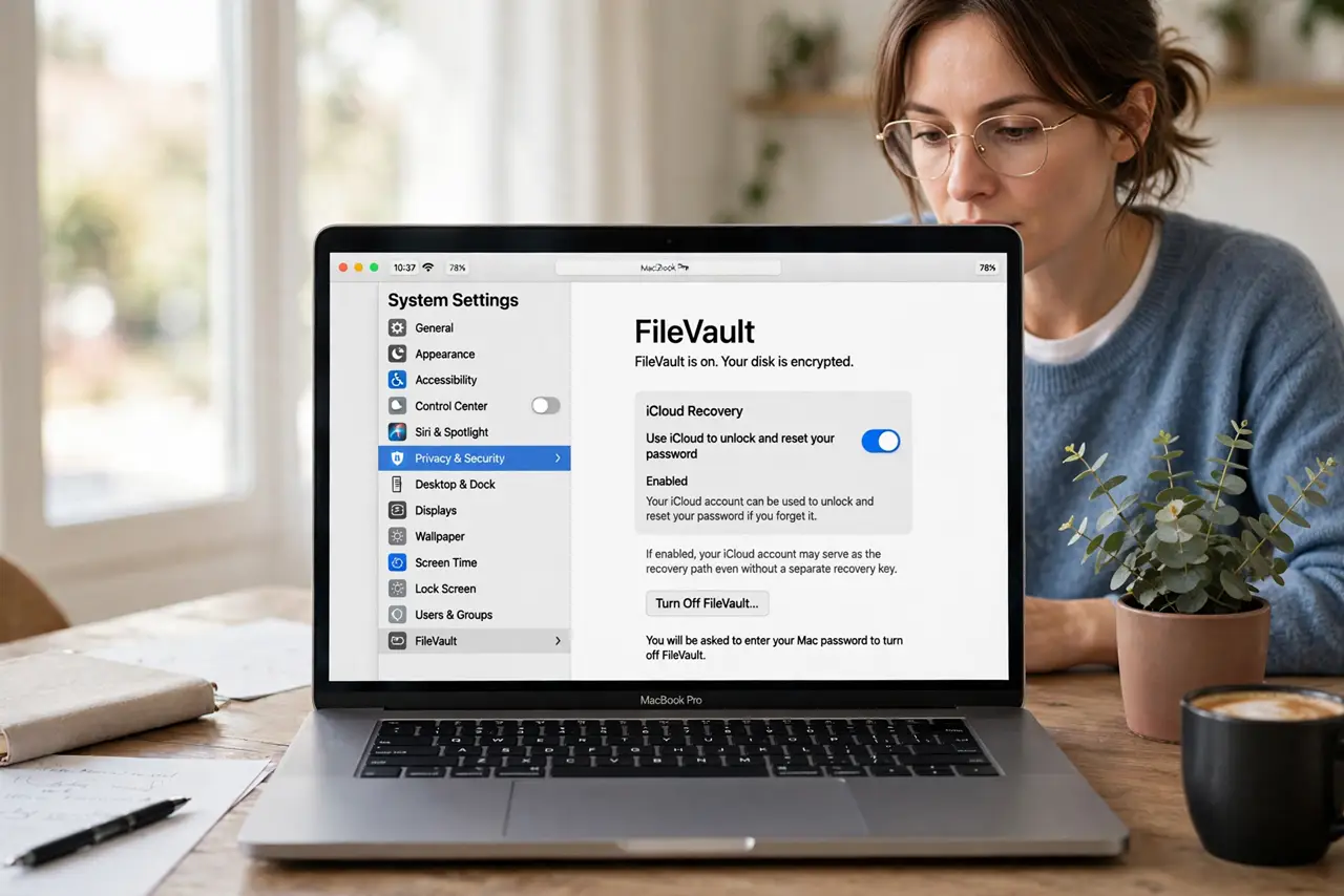 Your FileVault Recovery Key Is Missing — step 1 being performed on the device.