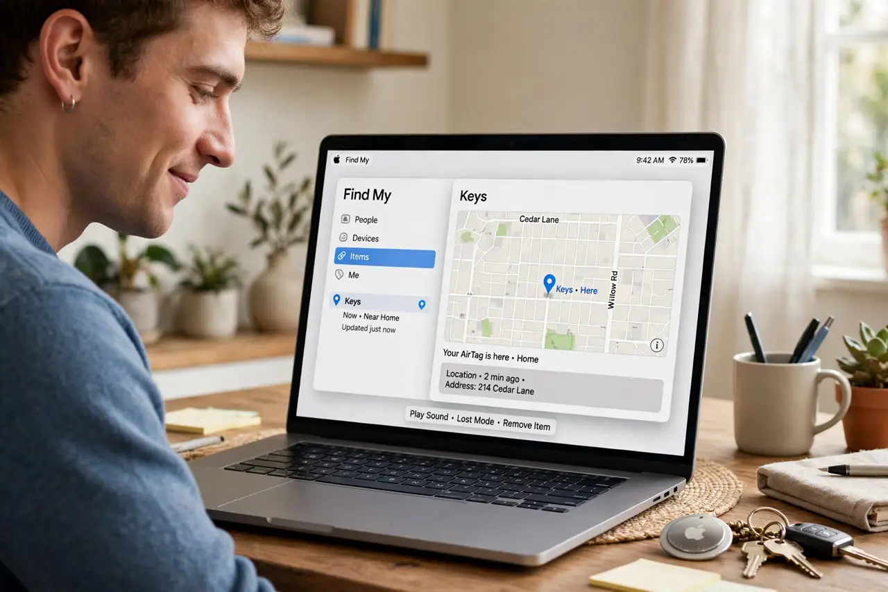 a person using a real MacBook showing the Find My app with an item location on a map, legible, a real AirTag and keys on the desk beside the laptop, the person's face relieved, bright home office.