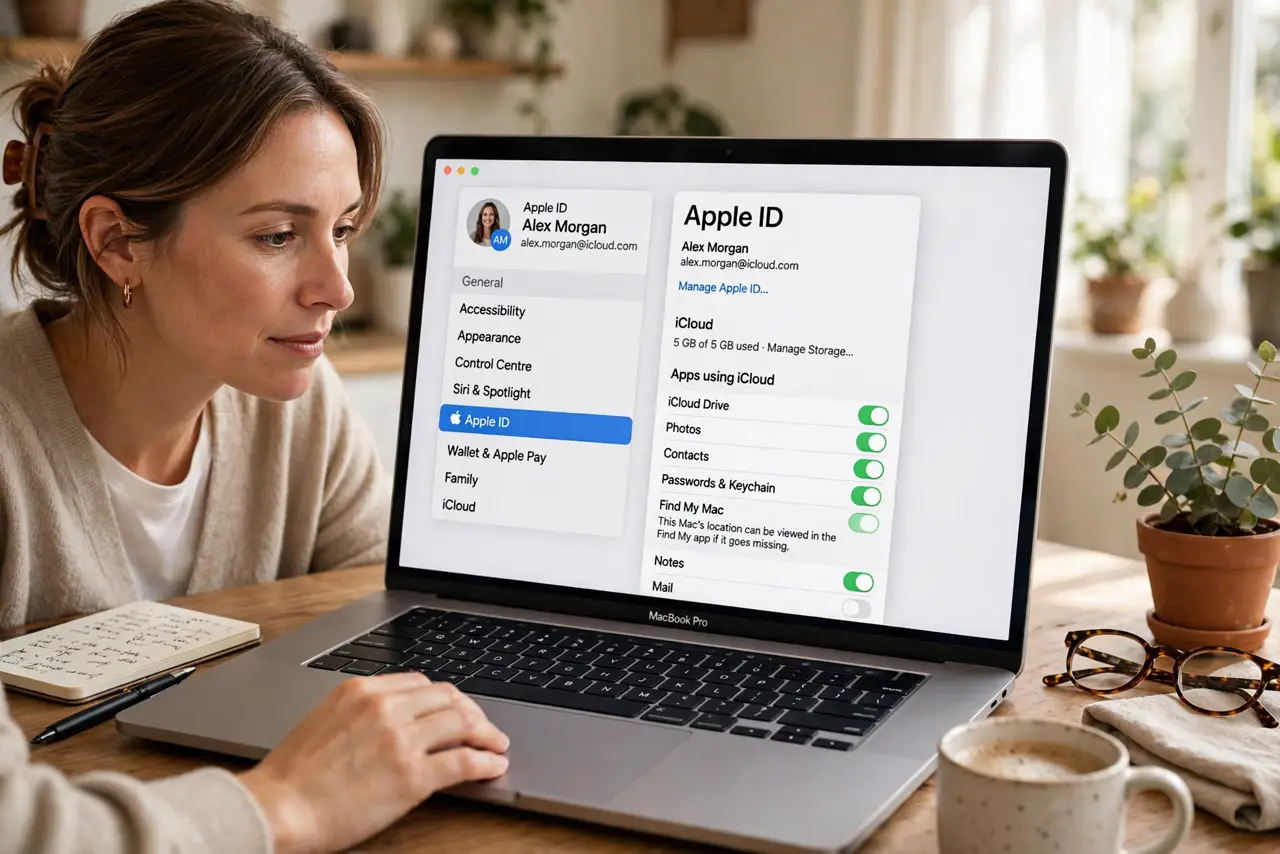 A person performing the first step: Open your iCloud settings. In System Settings, click your Apple ID, then iCloud.