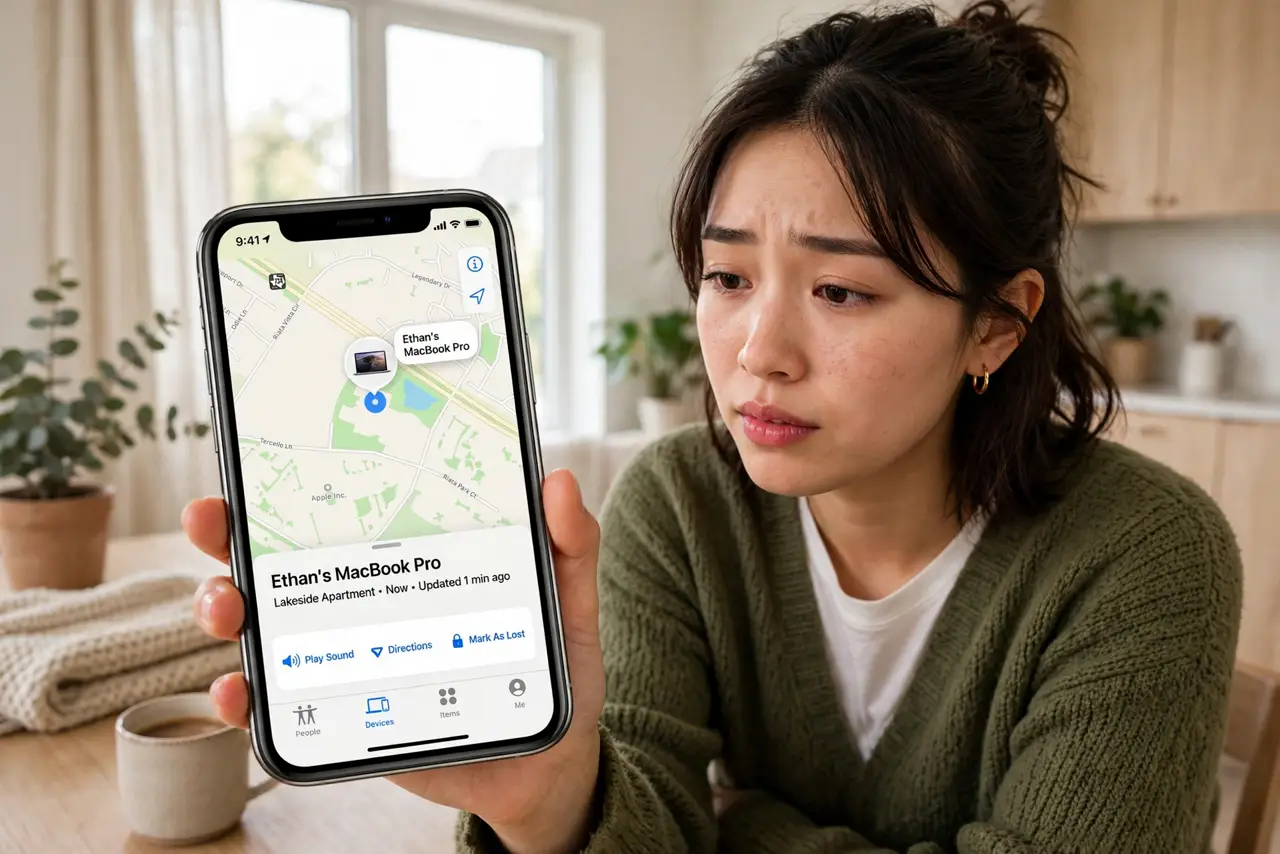 A person locating a lost MacBook on an iPhone map, the phone screen showing a map with a device pin legible, the