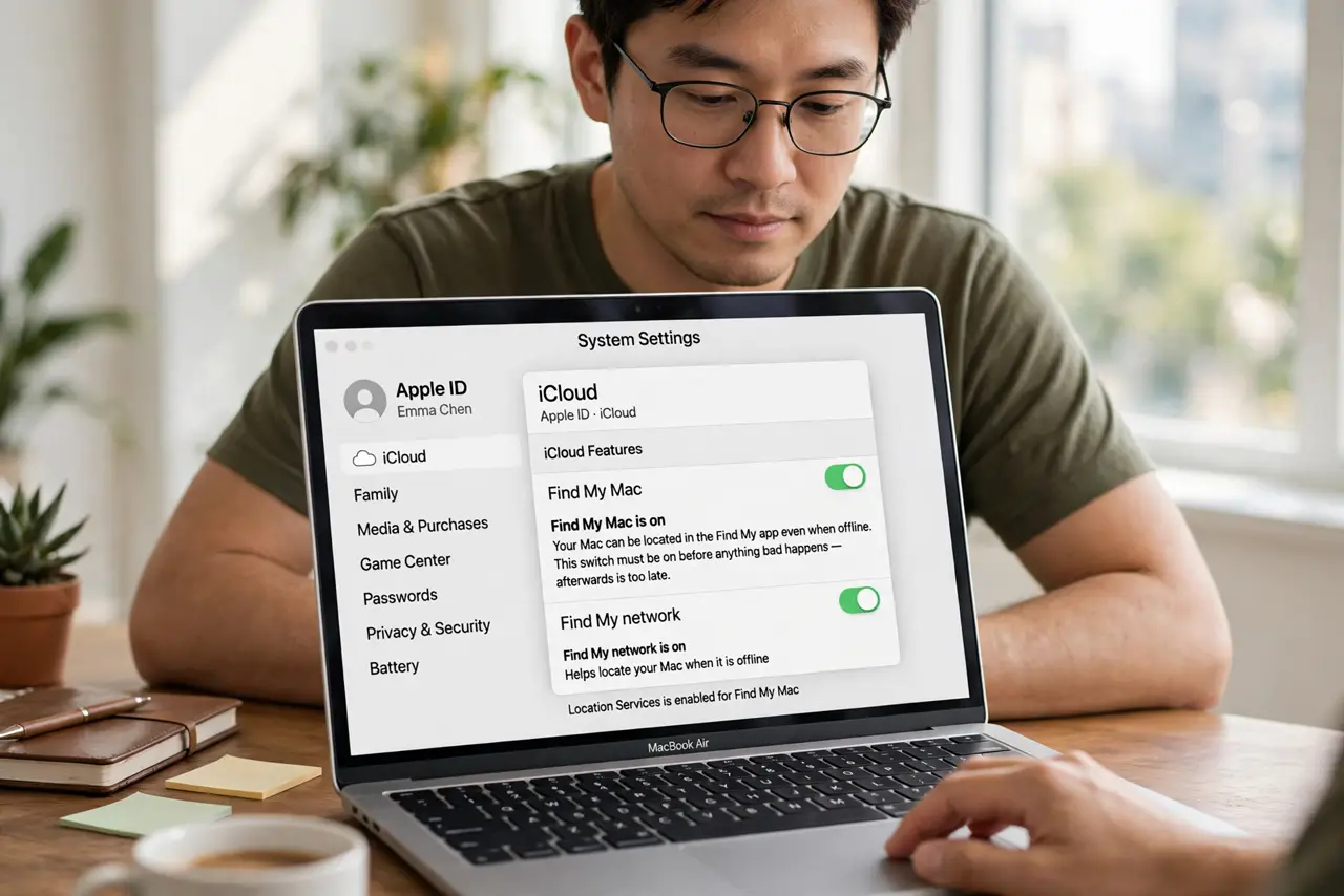 A person performing the first step of the guide: Enable Find My Mac now.