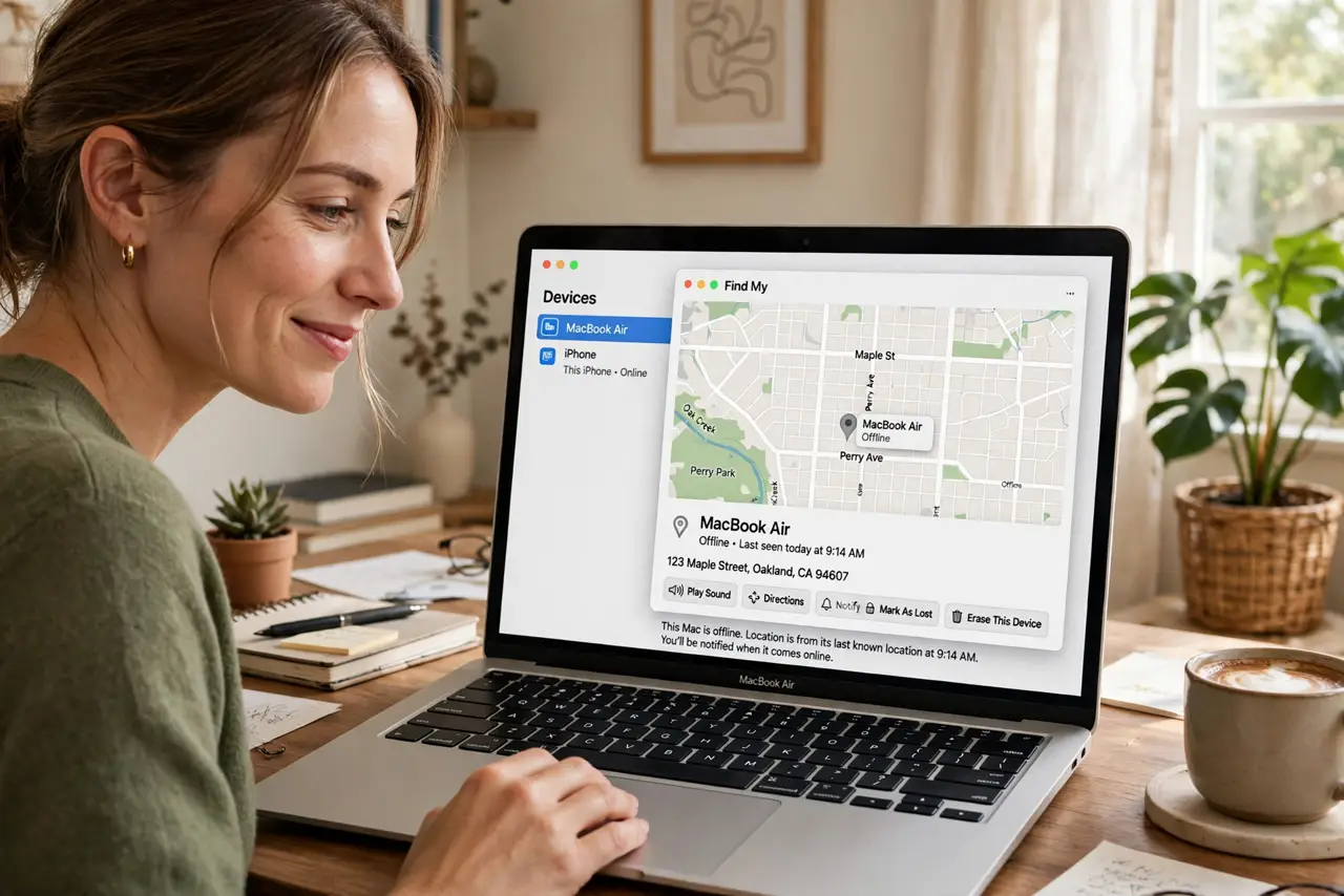 a person locating a real Mac on the Find My map showing an offline Mac location pin with legible details, the person's face relieved, home office.