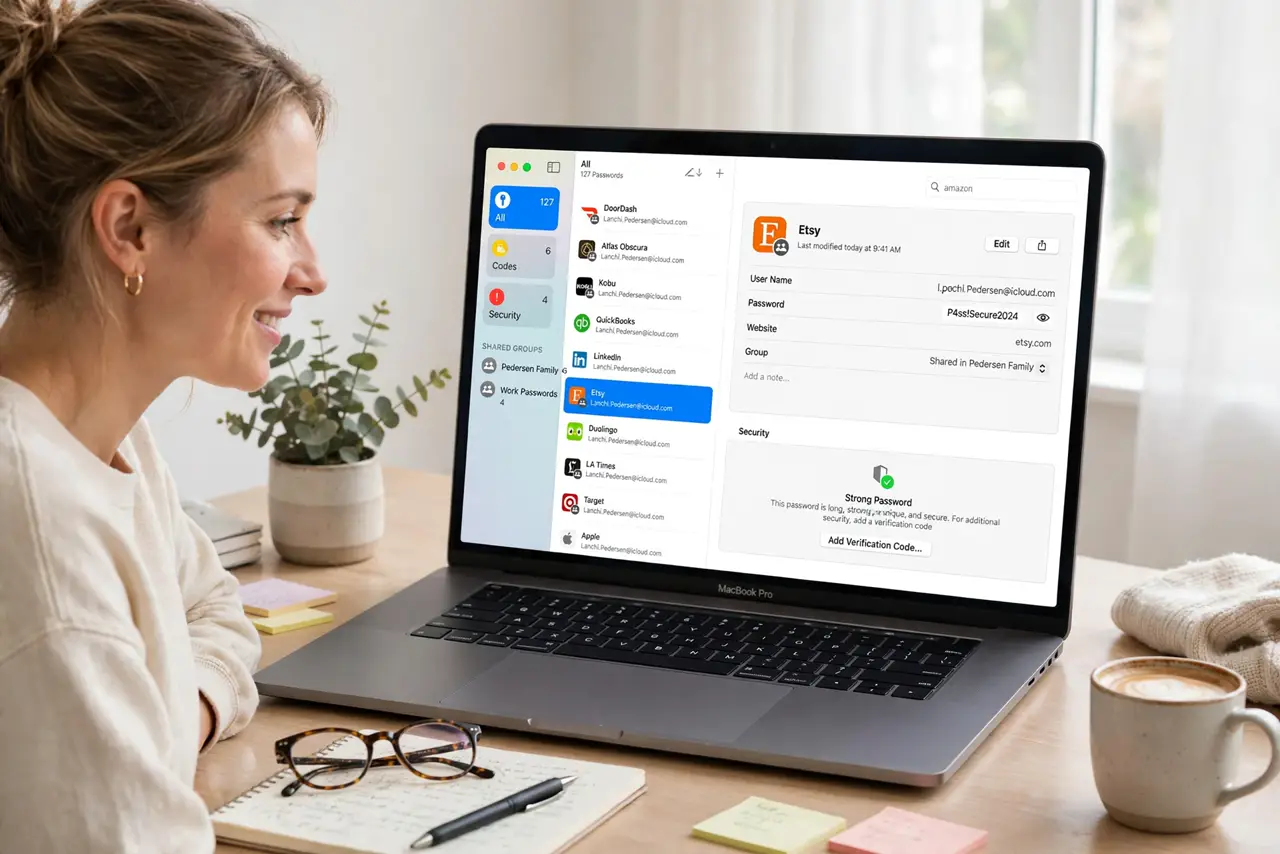 a person searching in the real Passwords app on a Mac, a list of saved logins with a selected entry showing the revealed password, the person's face relieved...