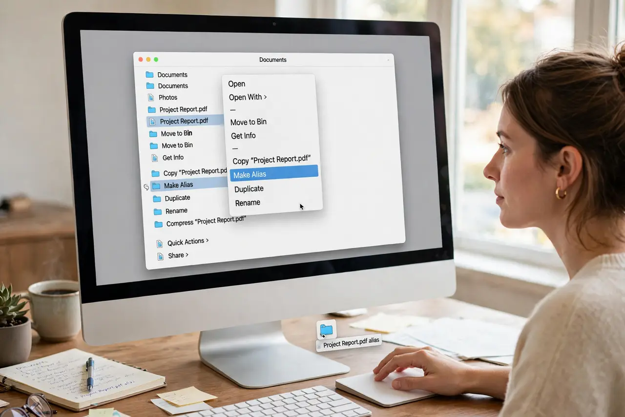 A person performing the first step: Make an alias the easy way. Right-click any file or folder in Finder > Make Alias.