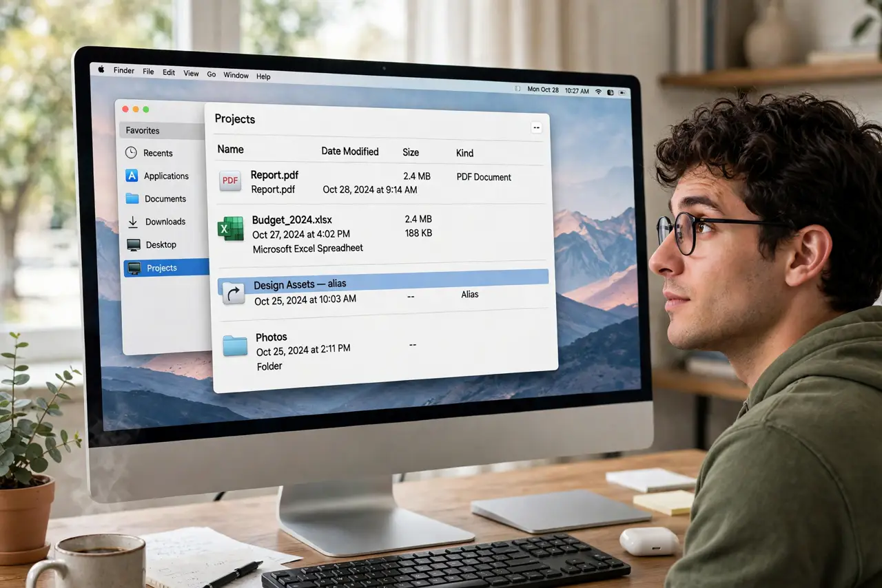 A person looking at Finder windows on a real Mac showing an alias file with its curved arrow icon legible on screen,