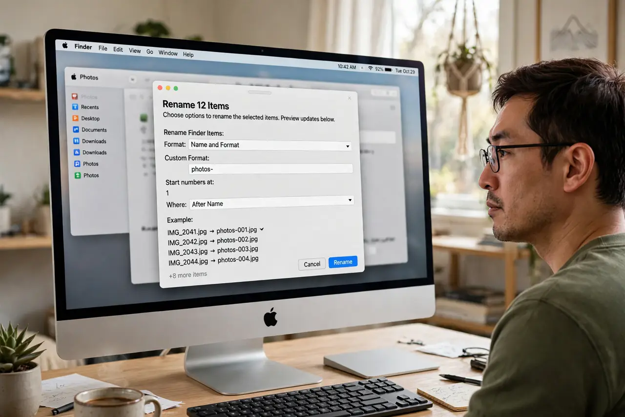 A person using a real Mac, the screen showing the Finder batch rename dialog with a live preview fully legible, the person's face focused, home office.