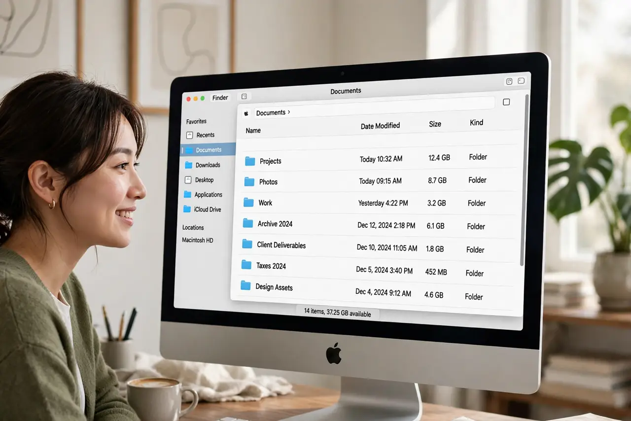 A person using a real Mac, the screen showing a Finder list view with folder sizes visible in the Size column, fully legible, the person's face satisfied, home office.