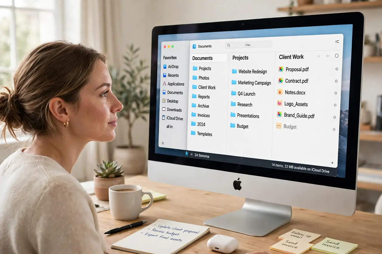 a person looking at a real Mac screen showing Finder in column view with legible folder names cascading, the person's face enlightened, bright desk.