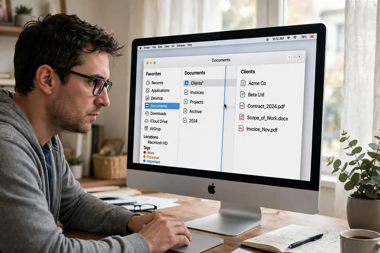 A person using a real Mac, the screen showing a Finder window in column view with the column divider being dragged, fully legible, the person's face focused, home office.
