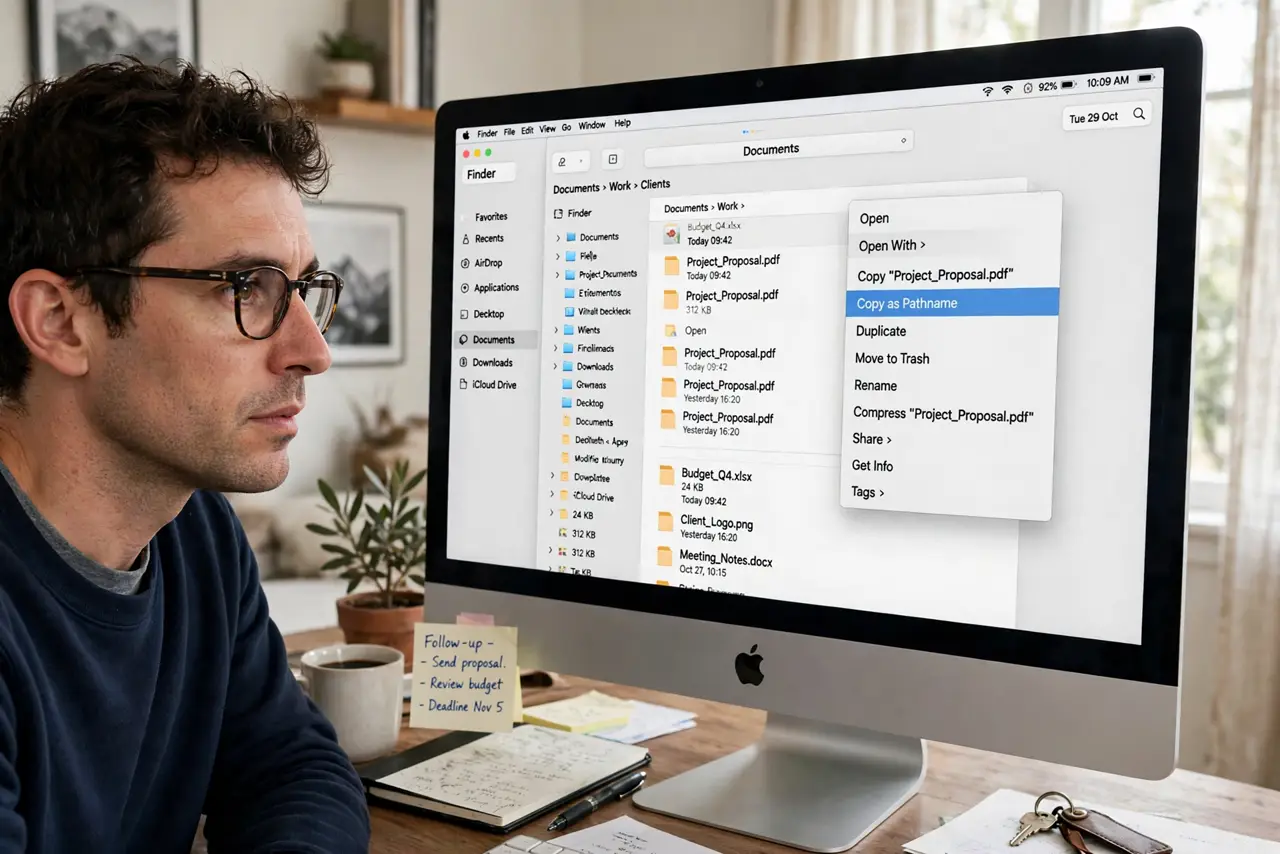 A person using a real Mac, the screen showing the Finder right-click menu with Copy as Pathname highlighted, fully legible, the person's face focused, home office.
