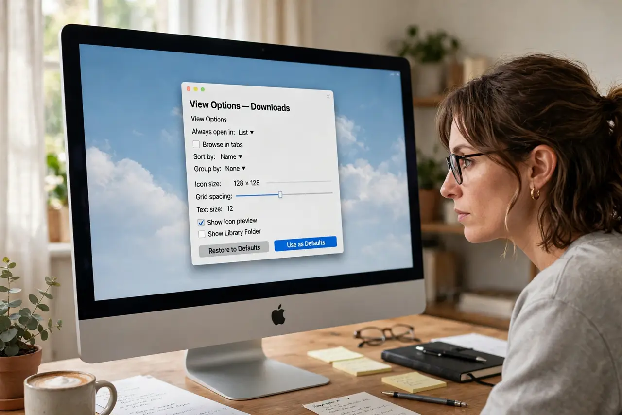 A person using a real Mac, the screen showing Finder View Options with the Use as Defaults button clearly legible, the person's face focused, home office.