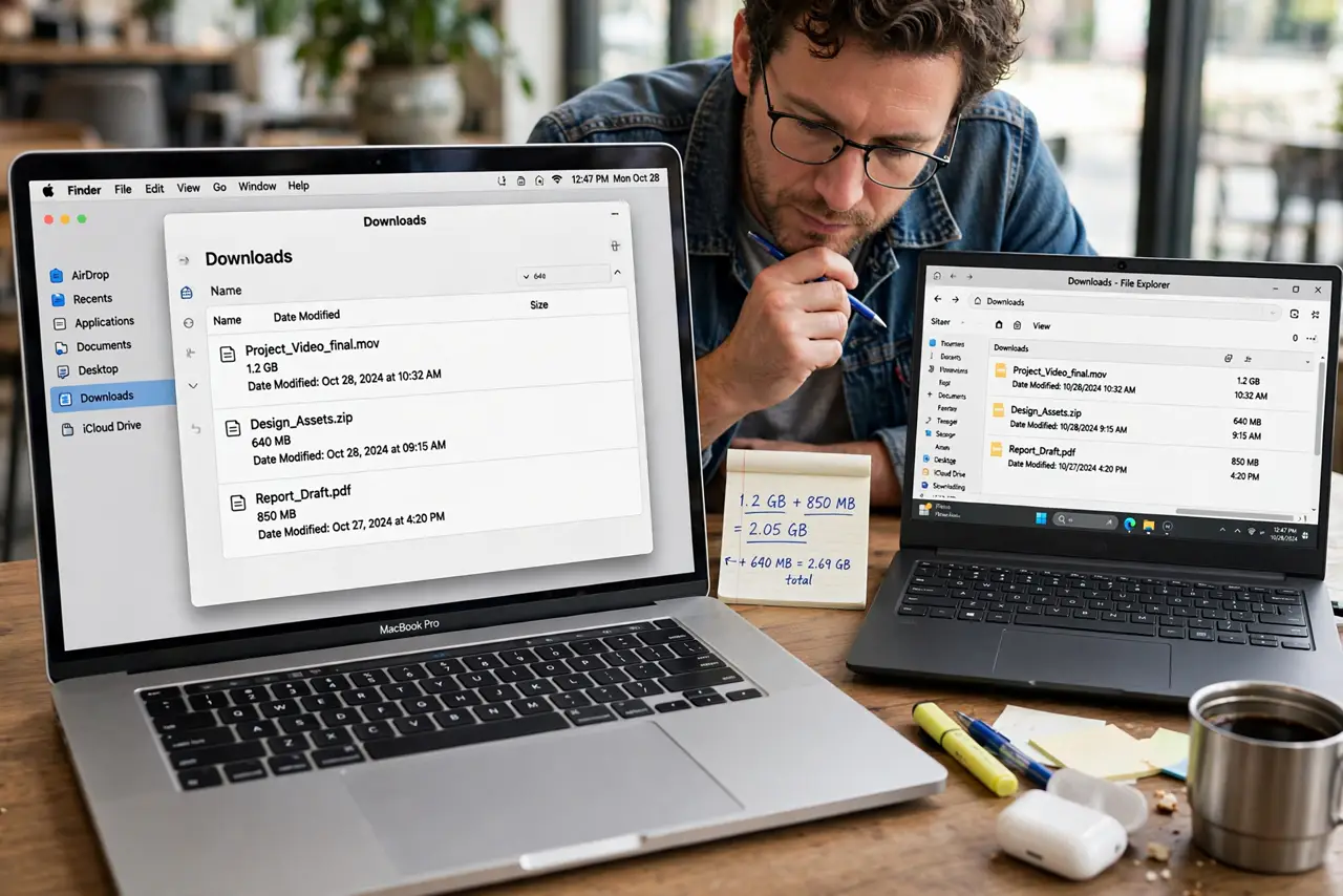 Mac File Sizes Look Wrong — a curious adult comparing file size numbers on a MacBook and a Windows laptop side by side, both screens showi