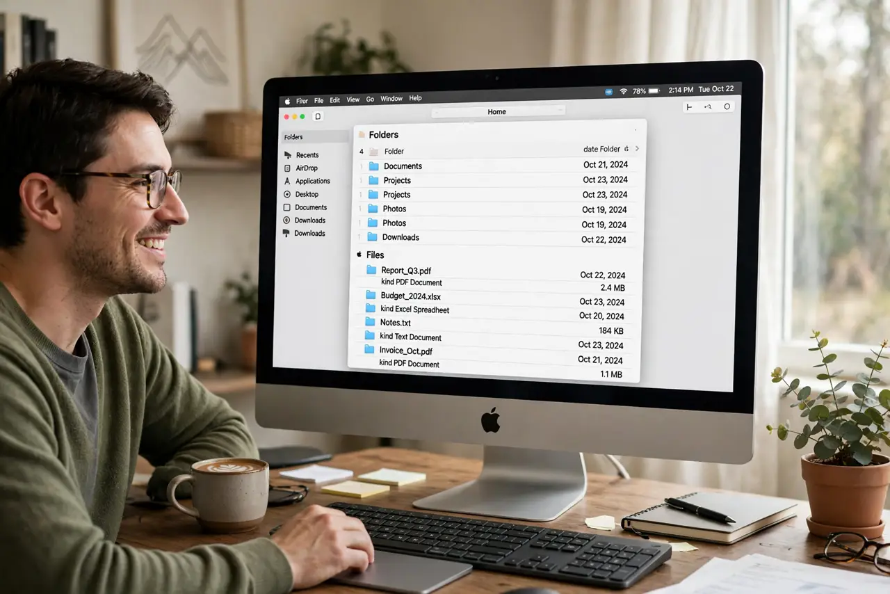 A person using a real Mac, the screen showing a Finder list view with folders grouped on top and files below, fully legible, the person's face satisfied, home office.