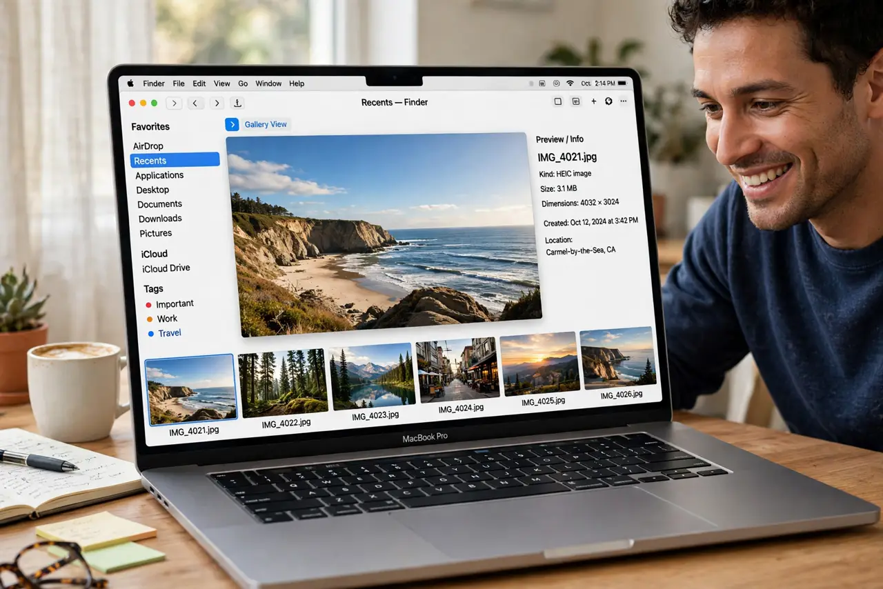 a person browsing real photos in Mac Finder Gallery View on a real Mac, large preview with filmstrip thumbnails legible, the person's face pleased, bright desk. No black screen, no.