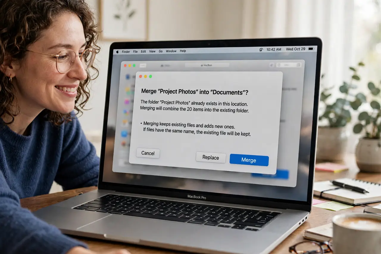 A person using a real Mac looking relieved, the screen showing the Finder merge dialog with Merge and Replace buttons fully legible, home office.