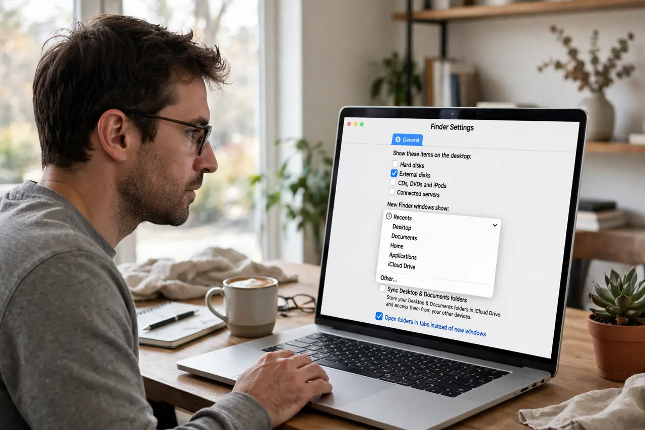 A person using a real Mac, the screen showing Finder Settings General tab with the New Finder windows show dropdown fully legible, the person's face focused, home office.