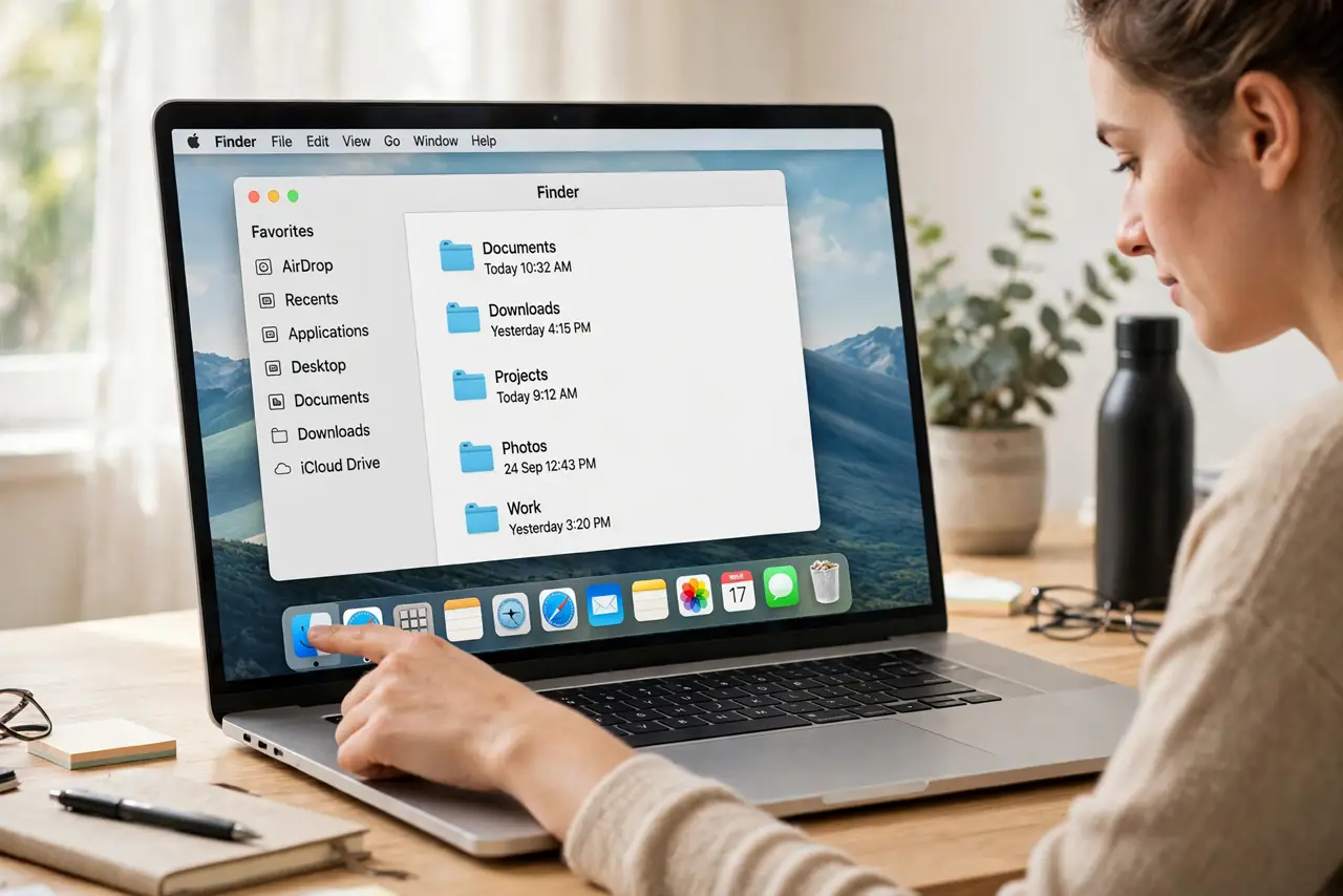 Photoreal photo of a person performing the first step: Open any Finder window. Click the Finder icon in the Dock. Any window works — the setting ap...