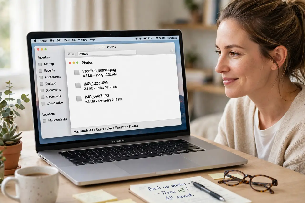 Photoreal photo: a person looking at a real Mac Finder window showing the legible path bar with clickable folder breadcrumbs at the bottom, the person's face relieved, bright desk. No black screen, no blank white s...