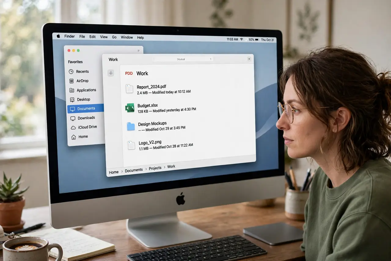 A person using a real Mac, the screen showing a Finder window with the path bar breadcrumb trail visible at the bottom, fully legible, the person's face focused, home office.