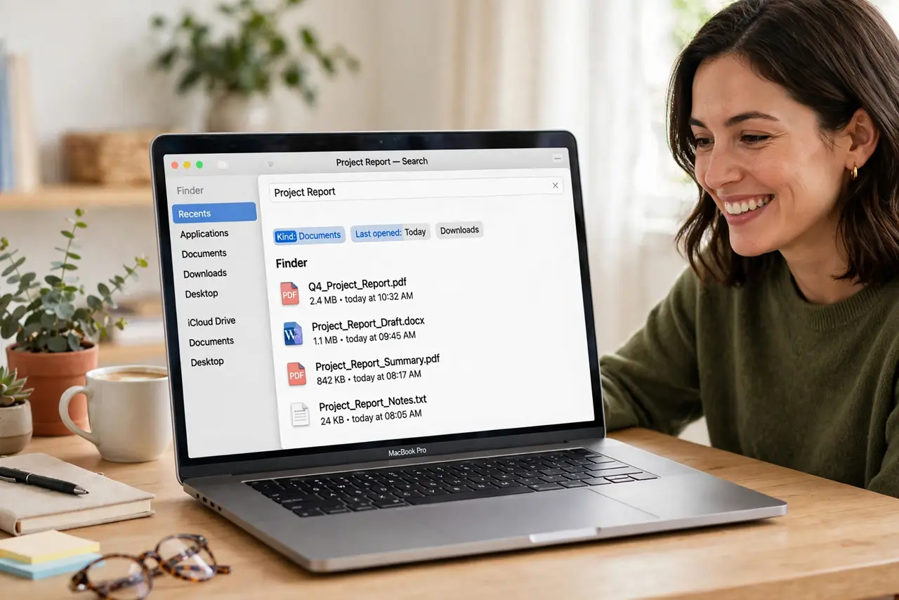 a person at a real Mac showing a Finder search window with search filters and legible results, the person's face pleased, bright desk. No black screen, no blank white screen, no fa.