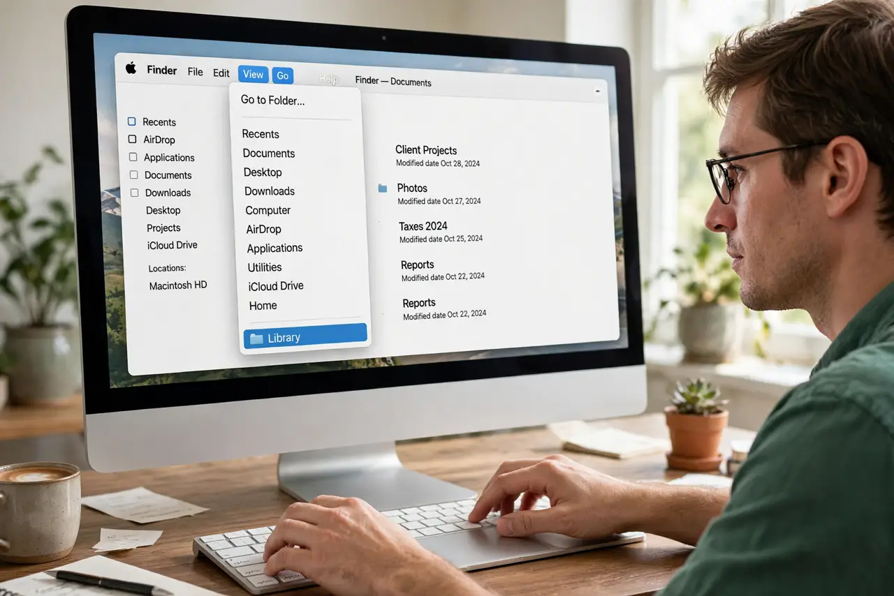 A person performing step 1: Open the Go menu with Option held.