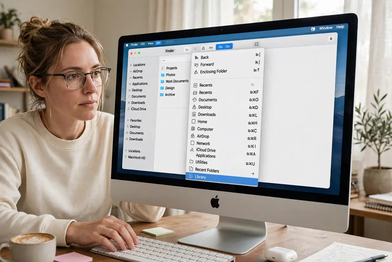 A person using a real Mac, the screen showing the Finder Go menu with Library revealed while holding Option, fully legible, the person's face focused, home office.