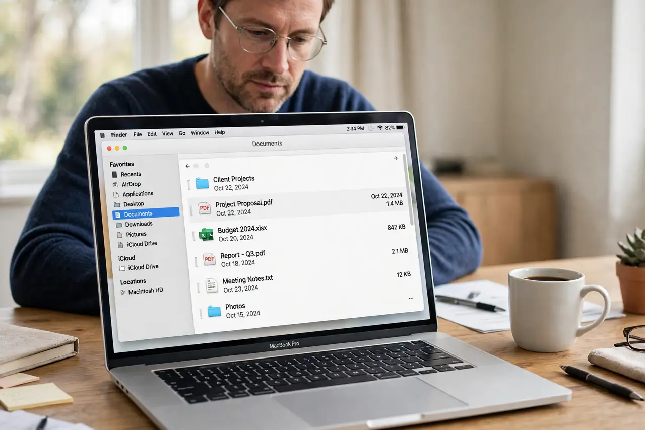 a calm adult at a desk browsing files on a real Mac laptop, the Finder window with its sidebar folders clearly visible and legible on the real Mac screen.