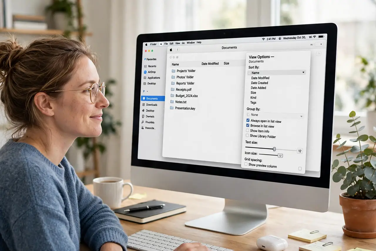 a person looking at a real Mac screen showing Finder with the View Options panel open and legible sort choices, the person's face satisfied, bright desk.