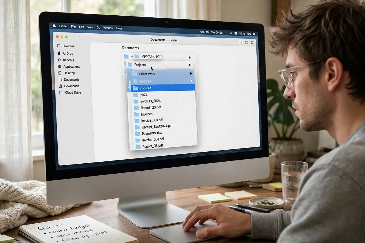 A person using a real Mac, dragging a file over a folder that is springing open, the screen showing nested folders fully legible, the person's face focused, home office.