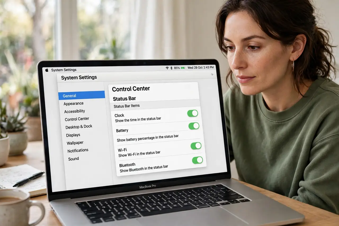 A person calmly performing the guide's first step: Show the status bar.