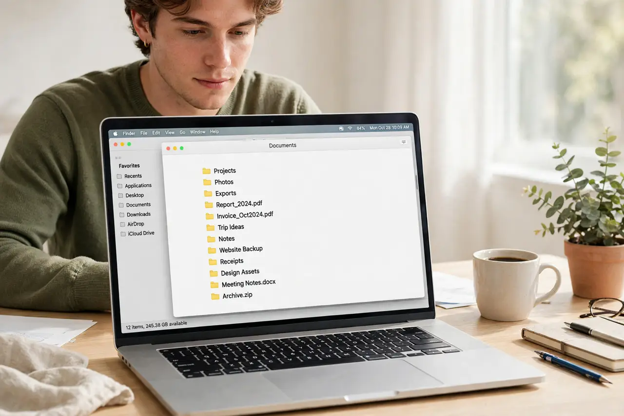 a person using a real MacBook showing a Finder window with the status bar visible at the bottom displaying item count and available space, the person's face enlightened, bright des.