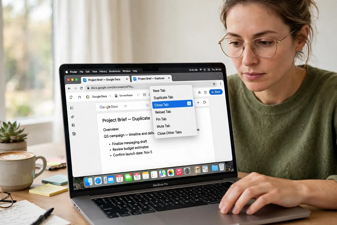 A person calmly performing the guide's first step: Close the duplicate tab.