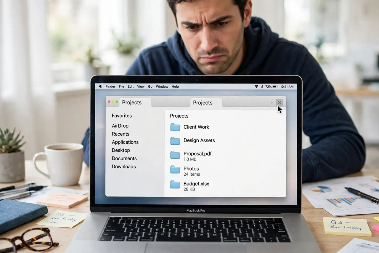 a person using a real MacBook showing Finder with two identical folder tabs open, the cursor hovering over the X of the extra tab, the person's face mildly annoyed at the clutter, .