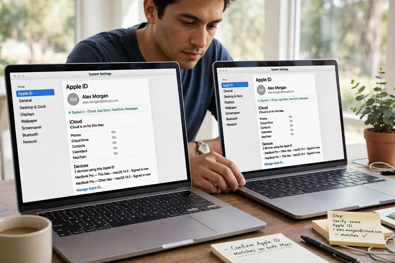 Step 1 in action for Finder Tags Not Syncing via iCloud: Match the Apple ID on both Macs.