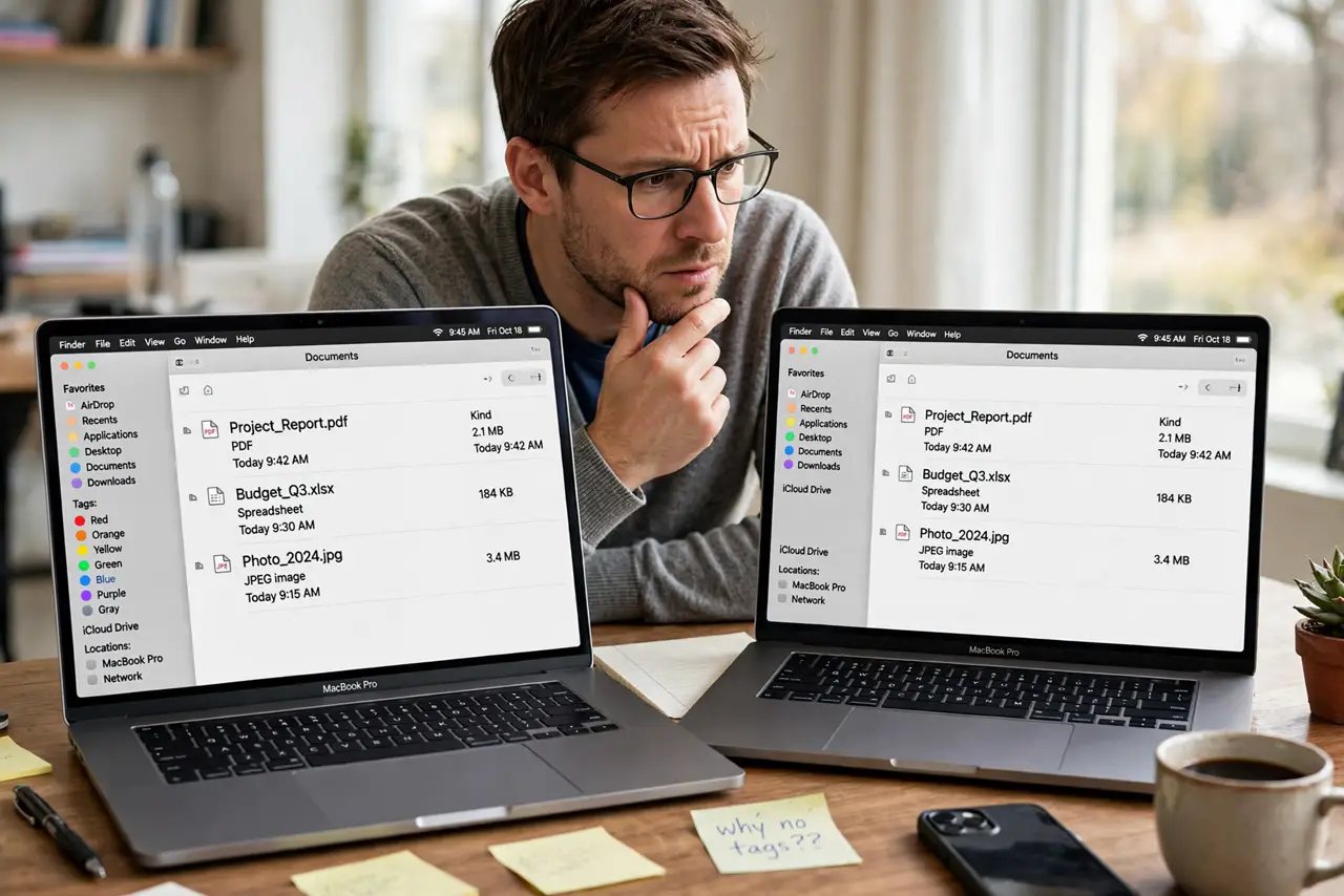 Finder Tags Not Syncing via iCloud — a puzzled adult comparing Finder windows on two Macs, one showing colored tags and the other missing them, bot