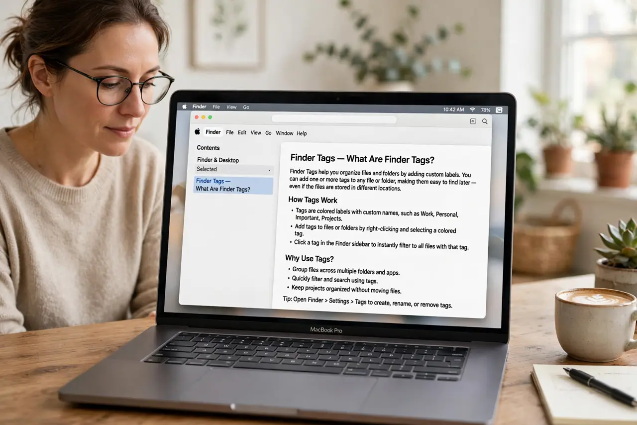 Photoreal photo of a person performing the first step: Understand what tags are for. A tag is a label that sticks to a file wherever it lives. Unli...