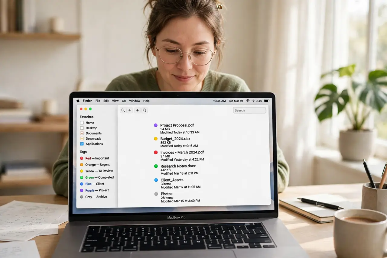 Photoreal photo: a person using a real Mac laptop showing a Finder window with colored tag dots visible on real files and the tags sidebar open, the person's face focused, bright home office. No black screen, no bl...