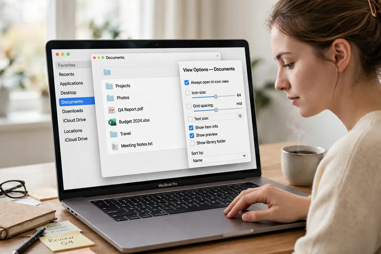 Photoreal photo of a person performing the first step: Open View Options. In any Finder window, press Command-J or choose View > Show View Options. The panel that appears is specific to the current view mo...