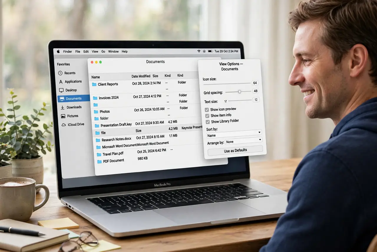 Photoreal photo: a calm person at a desk viewing a real Mac screen showing a Finder window with the legible View Options panel open beside it, the person's face pleased. No black screen, no blank white screen, no fake or