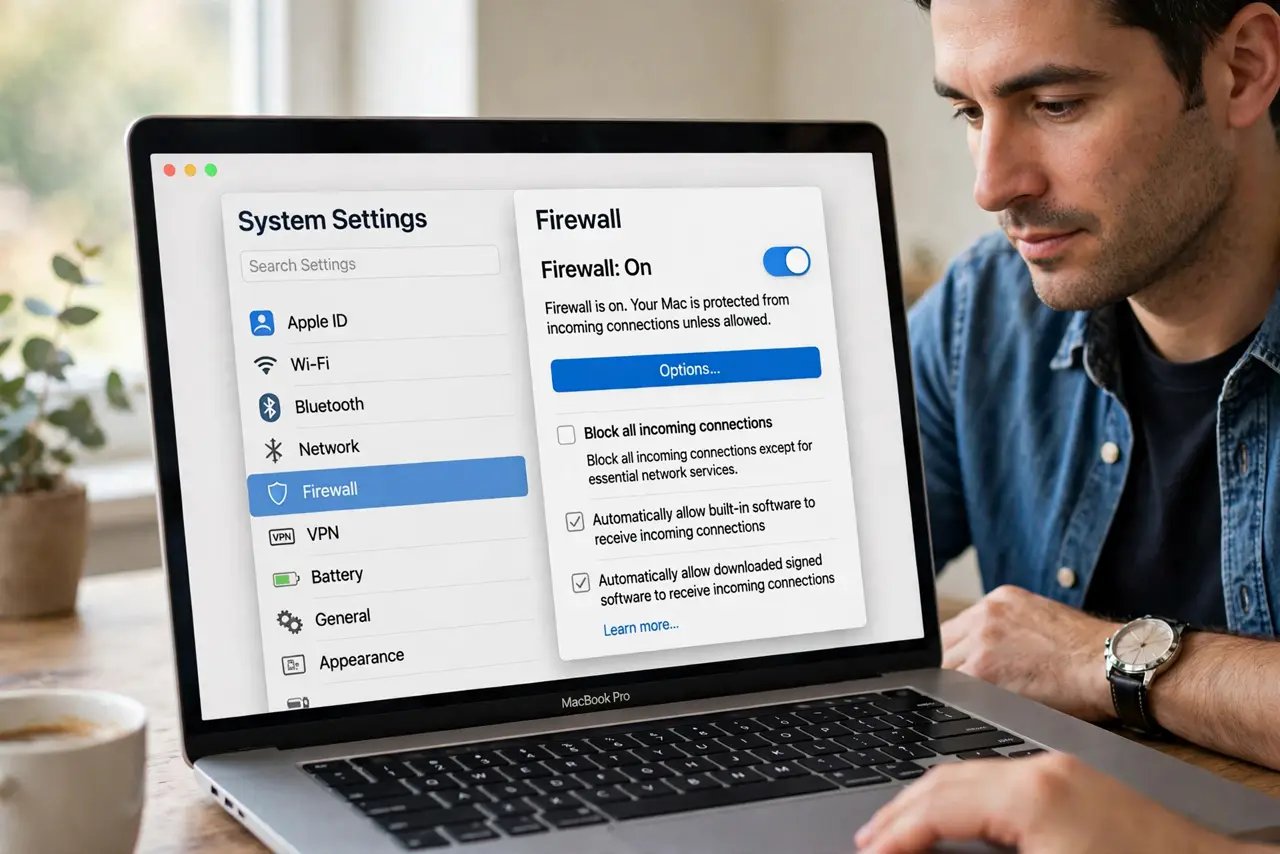 A person performing the first step: Open Firewall settings.