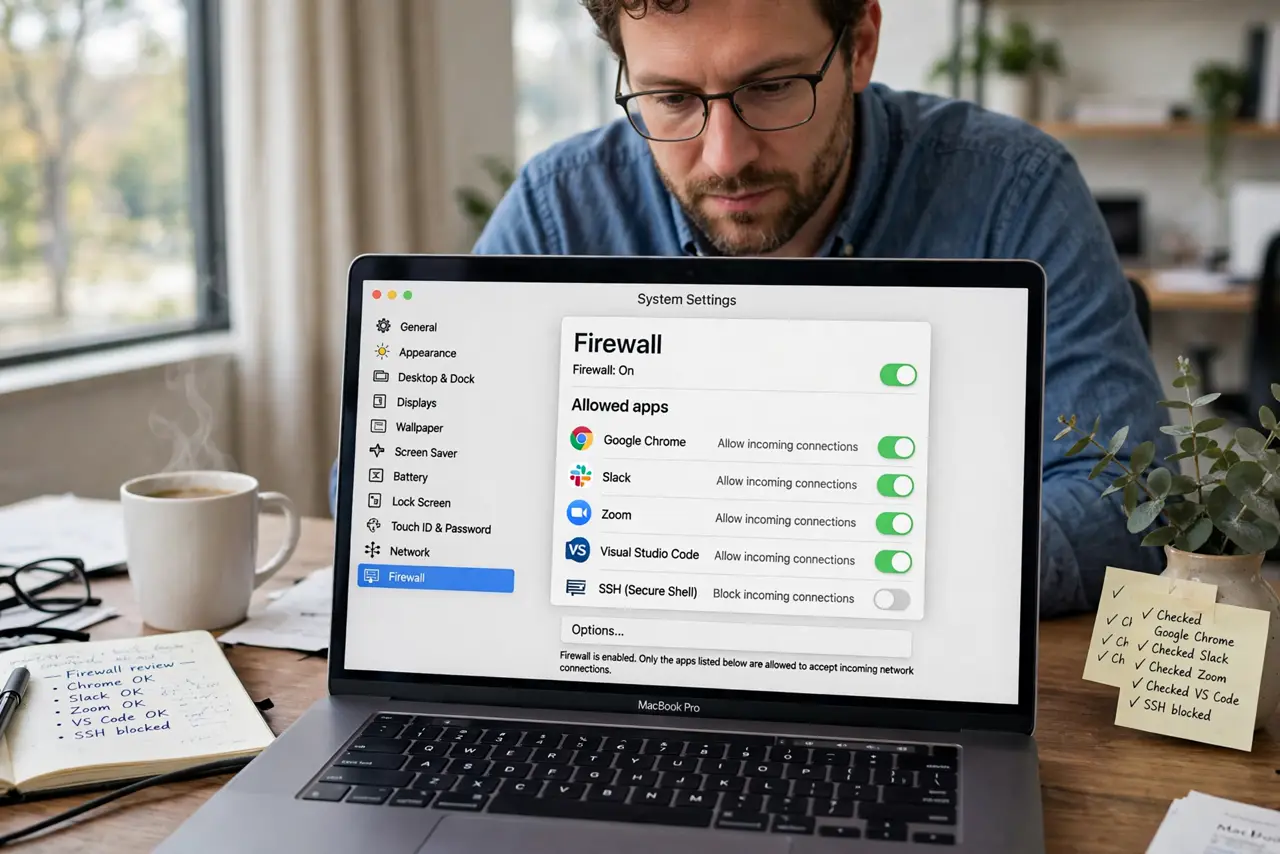 a focused adult at a desk with a real Mac laptop open, Firewall settings visible on the real screen with an allowed app list complete and legible, the person checking settings carefully.