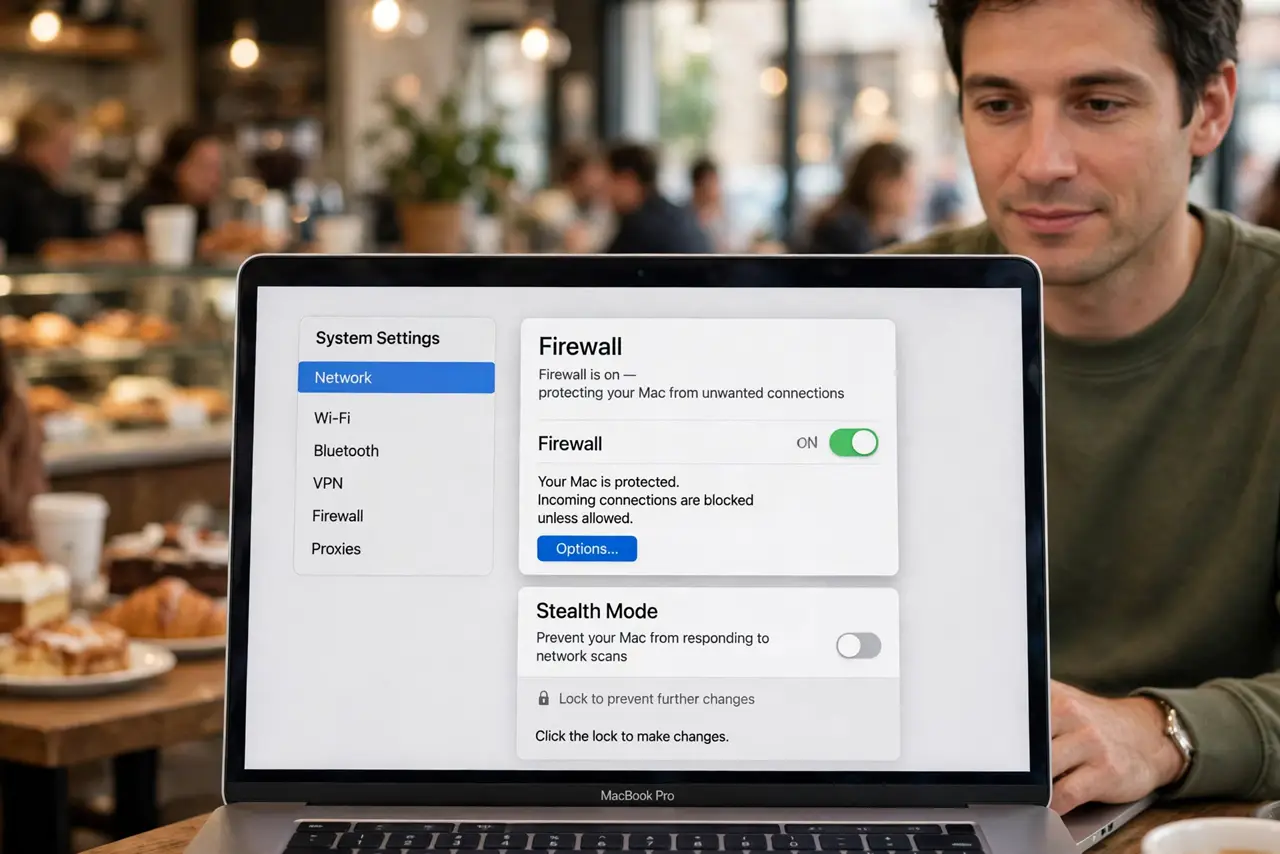 A person working on a MacBook in a busy cafe, the screen showing Network firewall settings with the toggle visible and