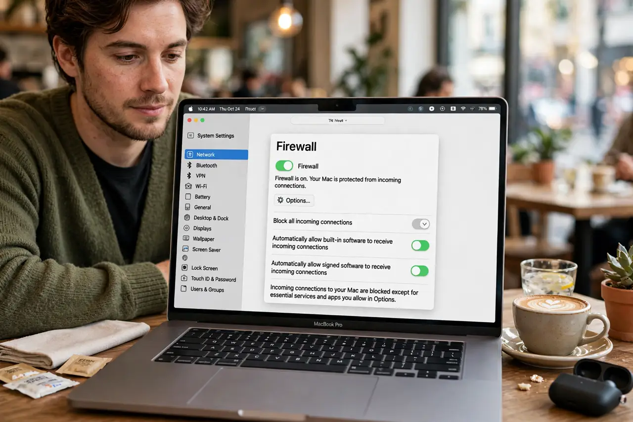 a person at a real MacBook with System Settings open on the Firewall pane showing the toggle on with legible text, the person's face calm, cafe table with co...
